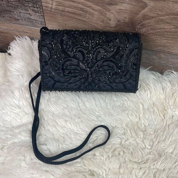 LA REGALE Vintage Womens Black Beaded Shoulder Evening Bag  Prom Homecoming - Picture 1 of 10
